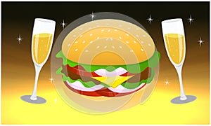 Fast food and wine glass on abstract background