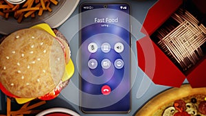 Fast foods and smartphone with fast food calling screen. 3D illustration