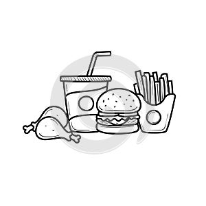Fast foods vector illustration with black hand-drawn style isolated on white background