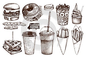 Fast foodStreet food festival menu. Vintage sketch collection. Fast food set. Engraved style design. Vector drink drawing.