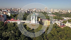 Fast footage Aerial view to St Andrew`s Church in capital of Ukraine
