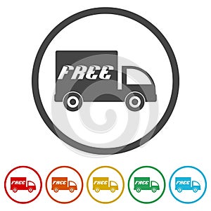 Fast free delivery truck icon. Set icons in color circle buttons