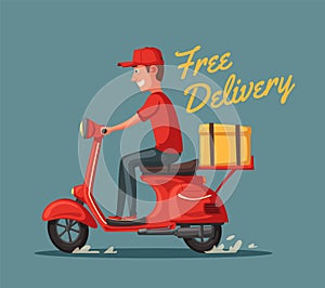 Fast and free delivery. Vector cartoon illustration. Food service. Retro scooter.