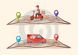 Fast and free delivery. Vector cartoon illustration. Food service. Scooter and van.