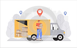 Fast and free shipping. concept, delivery man holding box, truck on background. Flat style vector illustration