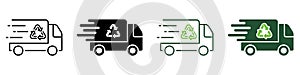 Fast Garbage Truck with Recycle Line and Silhouette Icon Set. Vehicle Transport for Waste. Ecology Trash Transportation