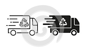 Fast Garbage Truck with Recycle Line and Silhouette Icon Set. Vehicle Transport for Waste. Ecology Trash Transportation