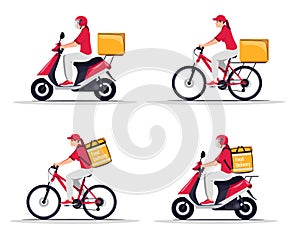 Fast goods transportation flat vector illustrations set