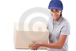 Fast, happy, female delivery service staff with parcel or carton