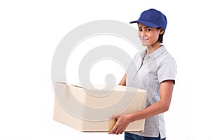 Fast, happy, female delivery service staff with parcel or carton