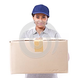 Fast, happy, female delivery service staff with parcel or carton