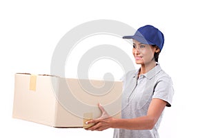 Fast, happy, female delivery service staff with parcel or carton