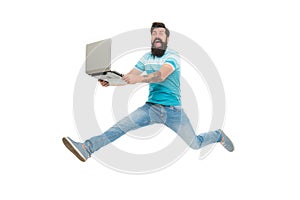 Fast internet. Technologies running world. Man run with modern laptop captured in motion. Never stop. Hipster surprised