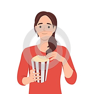 Fast and junk food, Unhealthy eating, calories concept. Young stressed girl cartoon character eating pop corn from basket with