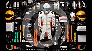 On the Fast Lane Minimalistic Capture of Racing Driver Equipment in Knolling Style. Generative AI