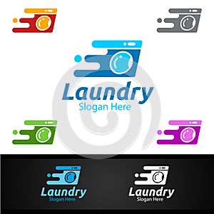 Fast Laundry Dry Cleaners Logo with Clothes, Water and Washing Concept