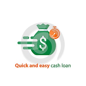 Fast loan, quick money, finance services, timely payment, stopwatch and money bag, vector icon