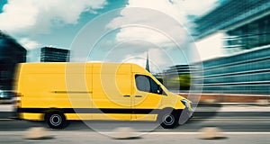 Fast mail and parcel delivery, yellow mail car in a modern city. With motion blur, delivery truck in side view