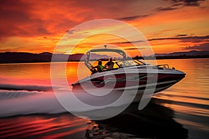 Fast motorboat towing water skier in romantic vibrant sunset. Generative AI