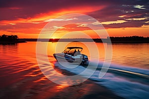 Fast motorboat towing water skier in romantic vibrant sunset. Generative AI