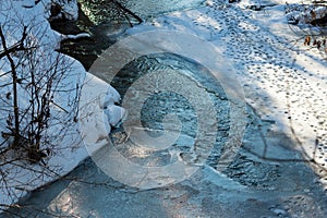 A fast mountain river, broke through ice, snow and formed a washout.