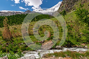 Fast mountain river Torrenbach above 2000m in Saas-Fee, Switzerland