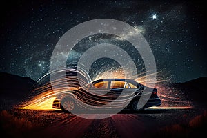 fast-moving car, with long exposure and blurred lights, against starry night sky