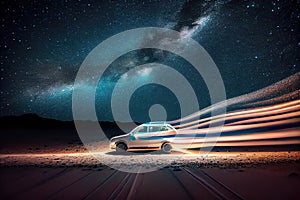 fast-moving car, with long exposure and blurred lights, against starry night sky