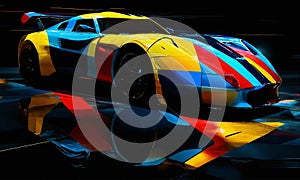 fast moving car on the road. Abstract design of yellow-blue-red circles