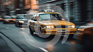 Fast moving in city taxi car, blurred motion. AI generated