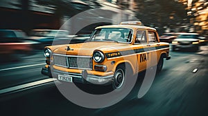 Fast moving in city taxi car, blurred motion. AI generated