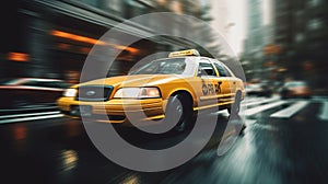 Fast moving in city taxi car, blurred motion. AI generated