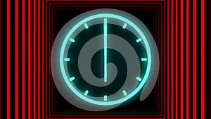 Fast moving clock Neon bright glowing spinning animation 3D rendering