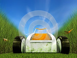 Fast moving lawn mower on grass track