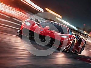 Fast Moving Motion Blur Red Race Car And Driver With Light Trail - generated by ai