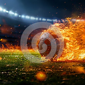 Fast moving soccer ball engulfed in flames races toward stadium field