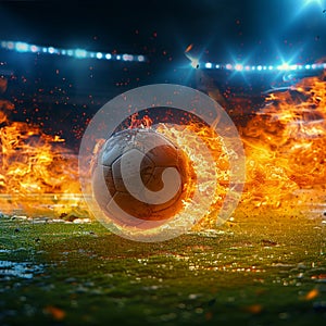 Fast moving soccer ball engulfed in flames races toward stadium field