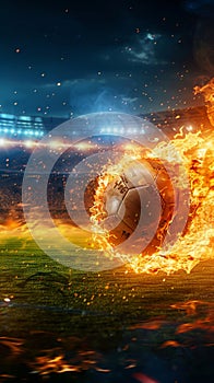 Fast moving soccer ball engulfed in flames races toward stadium field