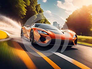 Fast moving sports car on the road with motion blur