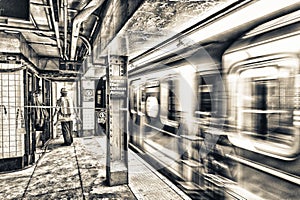 Fast moving subway train in New York subway