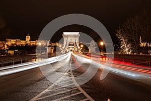 Fast moving traffic on the Lanchid Bridge in Budapest, Hungary