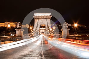 Fast moving traffic on the Lanchid Bridge in Budapest, Hungary