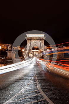 Fast moving traffic on the Lanchid Bridge in Budapest, Hungary