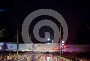 Fast moving train at night