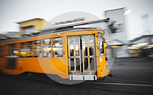 Fast moving Tram in Fishermans Wharf, San Francisco