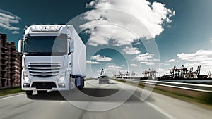 Fast moving truck with full lighting on a motorway with port for container ships. Water, cranes and warehouses with an imposing