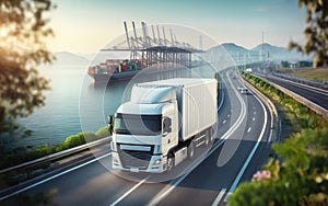 Fast moving truck on a motorway with port for container ships. Water, cranes and warehouses with an imposing sky