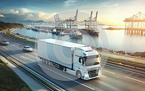 Fast moving truck on a motorway with port for container ships. Water, cranes and warehouses with an imposing sky