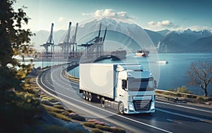 Fast moving truck on a motorway with port for container ships. Water, cranes and warehouses with an imposing sky