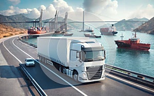 Fast moving truck on a motorway with port for container ships. Water, cranes and warehouses with an imposing sky